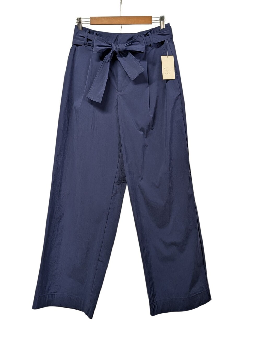 a new day Women's Blue Solid Wide Leg Paperbag Waist Belted Stretch Pants 8 NWT